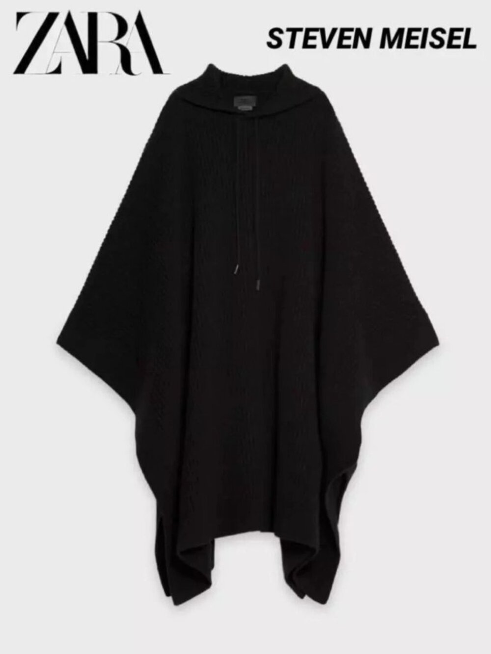 Zara Steven Meisel 100% Wool Oversized Black Hood Poncho 5755/310 MEDIUM